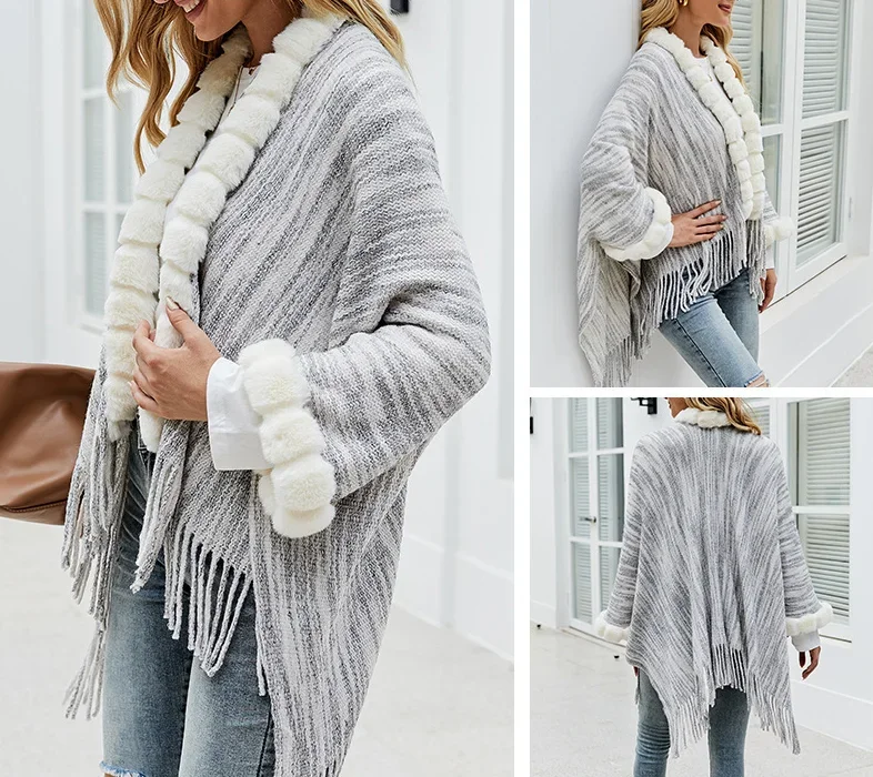 Autumn Winter Warm knitted Imitation Wool Collar Tassel shawl Fashionable Upscale Poncho Lady Capes Beige Cloaks image 6
