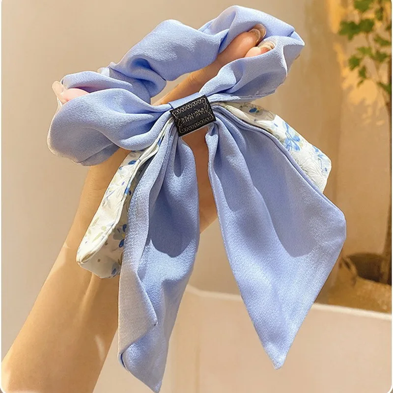 Korea Floral Bow Scrunchies For Women Satin Long Ribbon Ponytail Scarf Girls Hair Bobbles Print Elastic Hair Bands Accessories