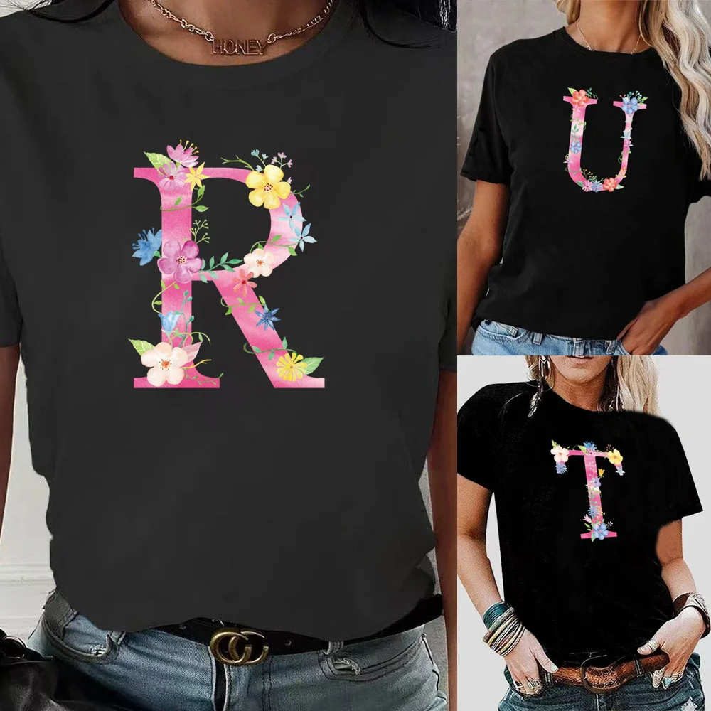 

Women Pink Letter Print Clothes Casual Lovely Female Tops Tee Tshirt Fashion Print Black O-neck Ladies Graphic T-Shirt Clothing