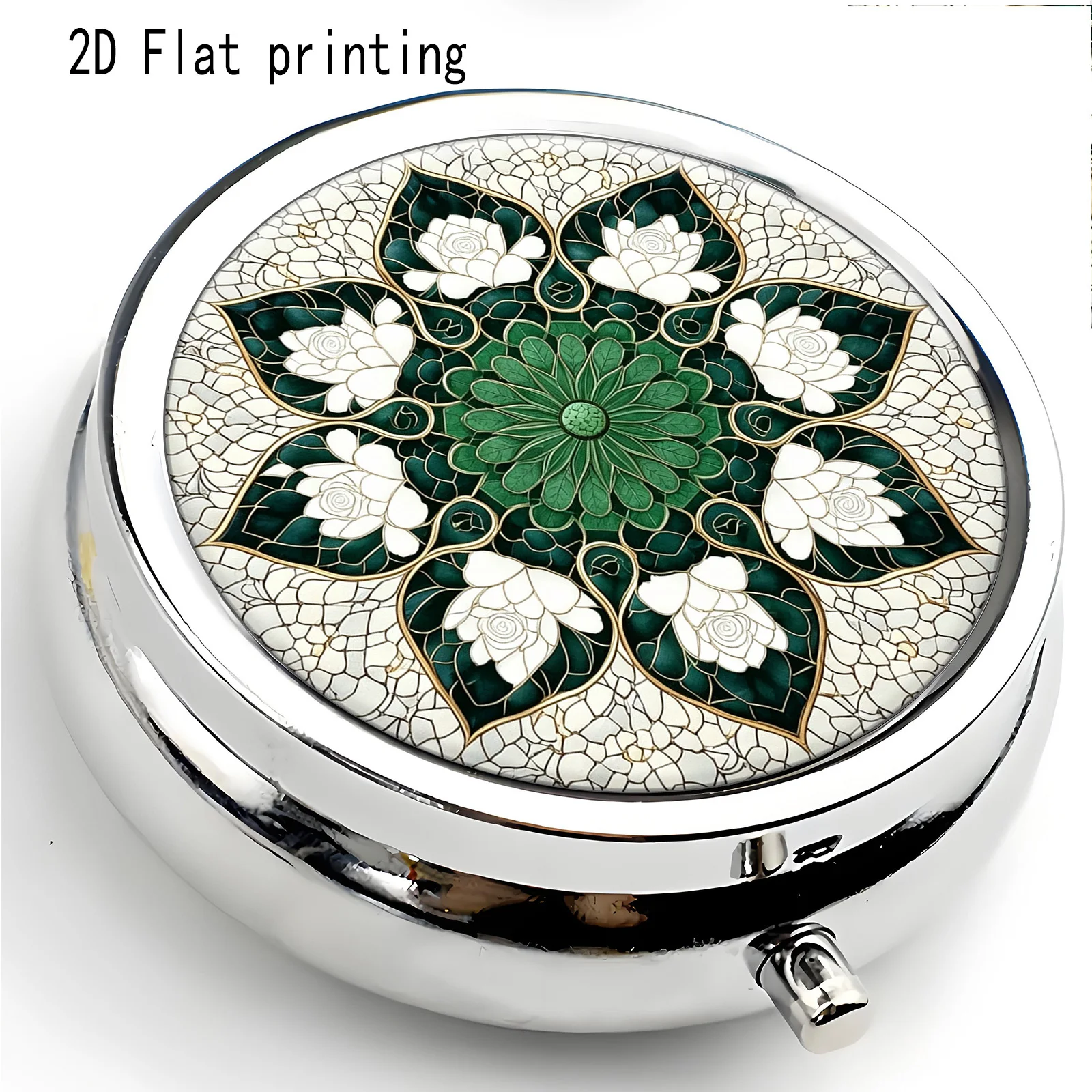 An Art Nouveau-style box, featuring a combination of green and white floral patterns with a gold border, a metal three-compartment storage box, a portable travel vitamin storage box, an Art Nouveau-style small box, a durable storage box