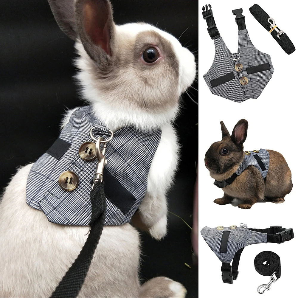 

Rabbit Harness Vest and Leash Set Bunny Plaid Gentleman Suit Small Pets Outdoor Walking Breathable Chest Strap with Pulling Rope