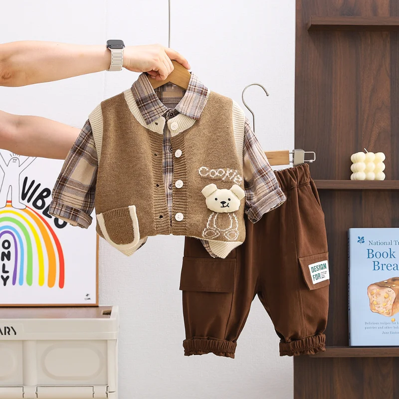 

New Spring Autumn Baby Clothes Children Vest Plaid Shirt Pants 3Pcs/Sets Infant Boys Clothing Toddler Costume Kids Tracksuits