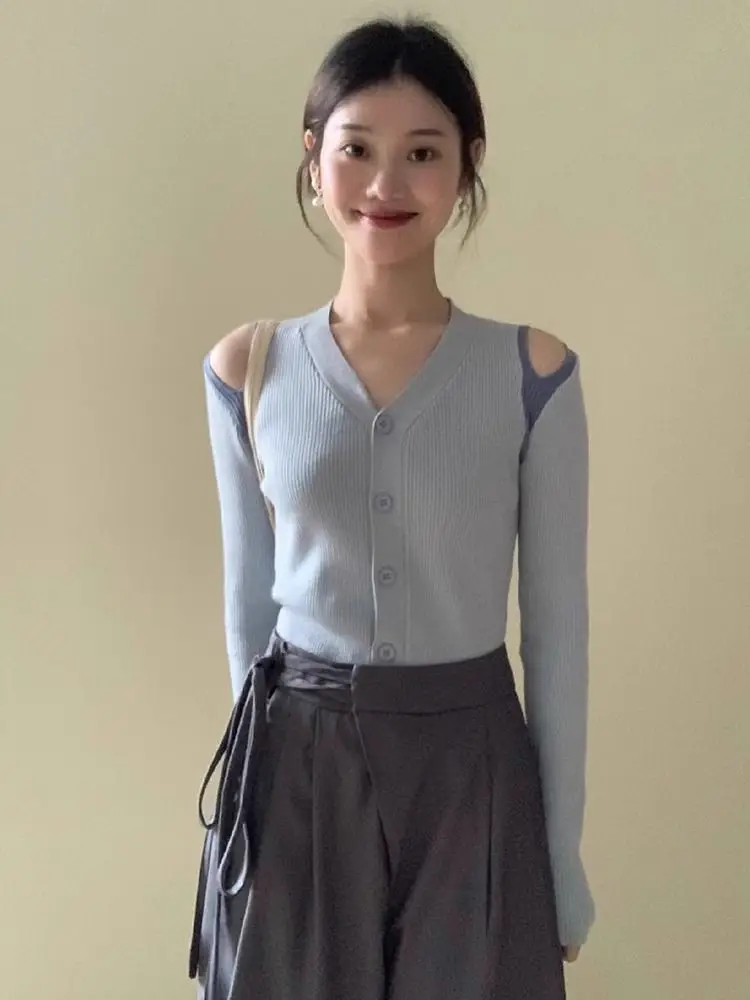 

Вязаный свитер с v-образным вырезом для женщин, осень-зима, облегающий кардиган с длинными рукавами для похудения, рубашка с открытыми плечами, шикарный внутренний топ