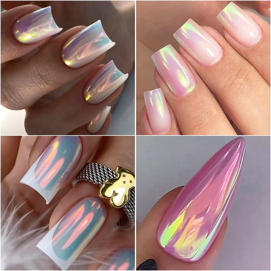 Polvo de uñas cromado unicornio, pigmento neón aurora espejo iridiscente, efecto perla sirena, decoración de uñas 6