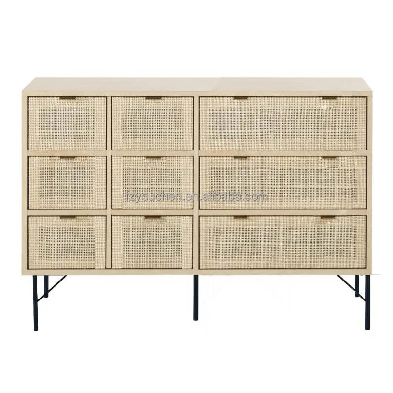 Modern Furniture Designer Wooden Kitchen Storage Cabinet Set Chest of Drawers with Rattan