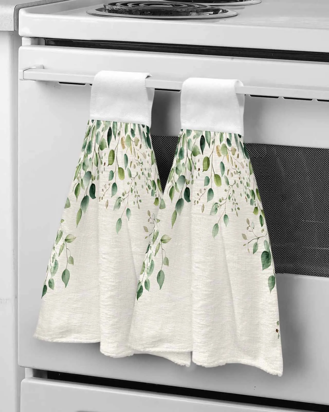 

Green Eucalyptus Leaf Linen Sole Hanging Kitchen Dish Tie Absorbent Hand Towel Dishwashing Cloth for Bathroom