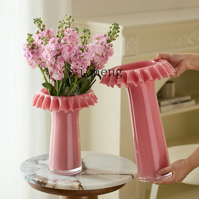 

ZK vase creative large mouth lotus leaf edge roll mouth fold glazed vase soft home living room fairy garden