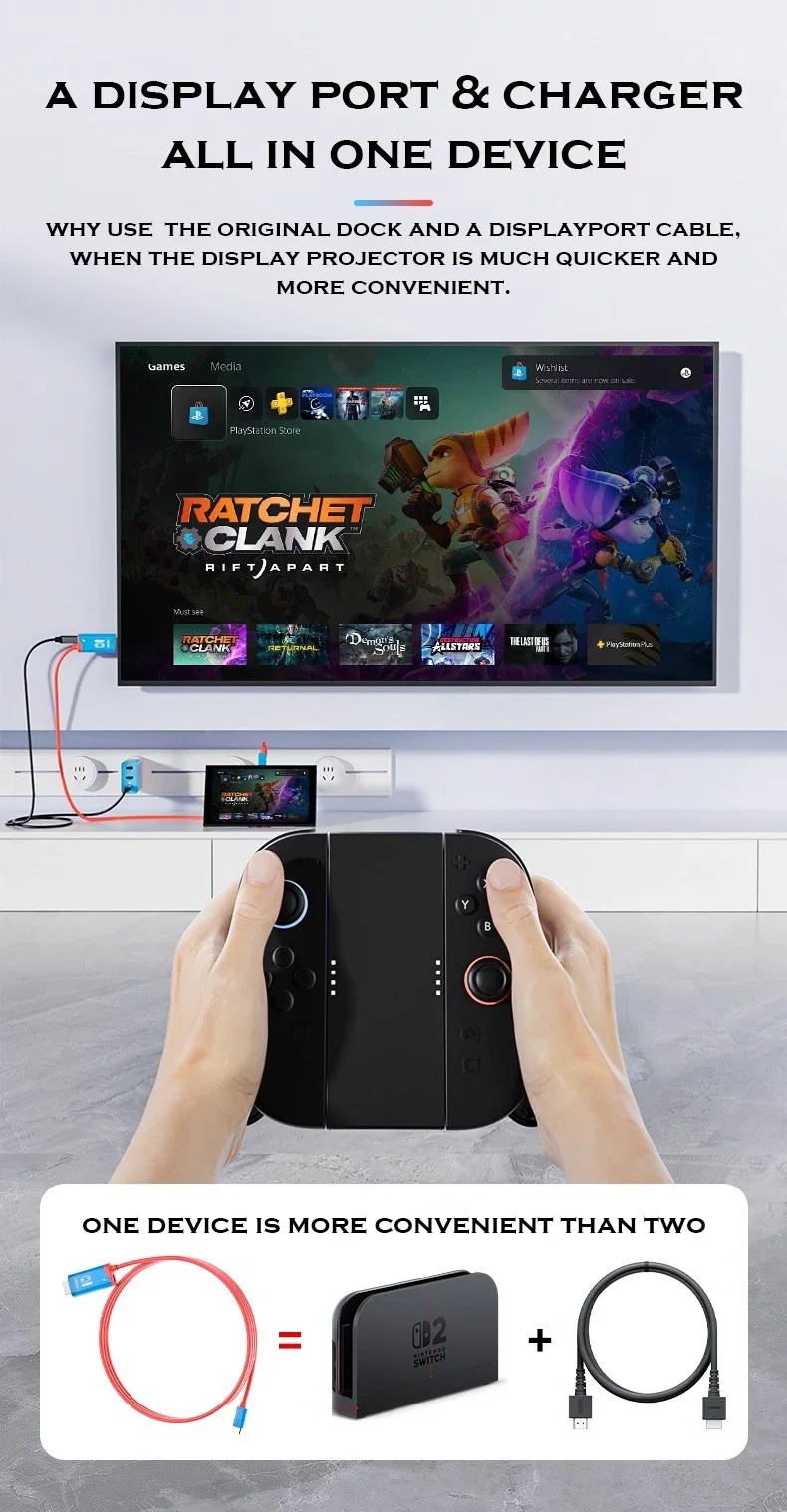 Для коммутатора 1/2 хоста PD100W HD HDMI Type C к универсальному проекционному кабелю 4K/144 Гц Видеокабель для ROG ALLY Кабель для преобразования видео