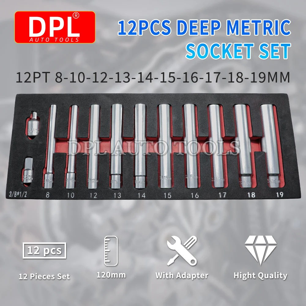 

12pcs Extra Deep Socket Set Metric 12 Point 3/8" and 1/2" Drive Extra Long Socket 8mm -19mm