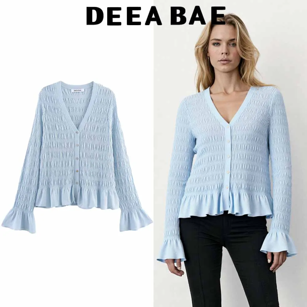 DEEABAE Women's pleated design French V-neck hollow knitted cardigan autumn unique flared sleeve sweater