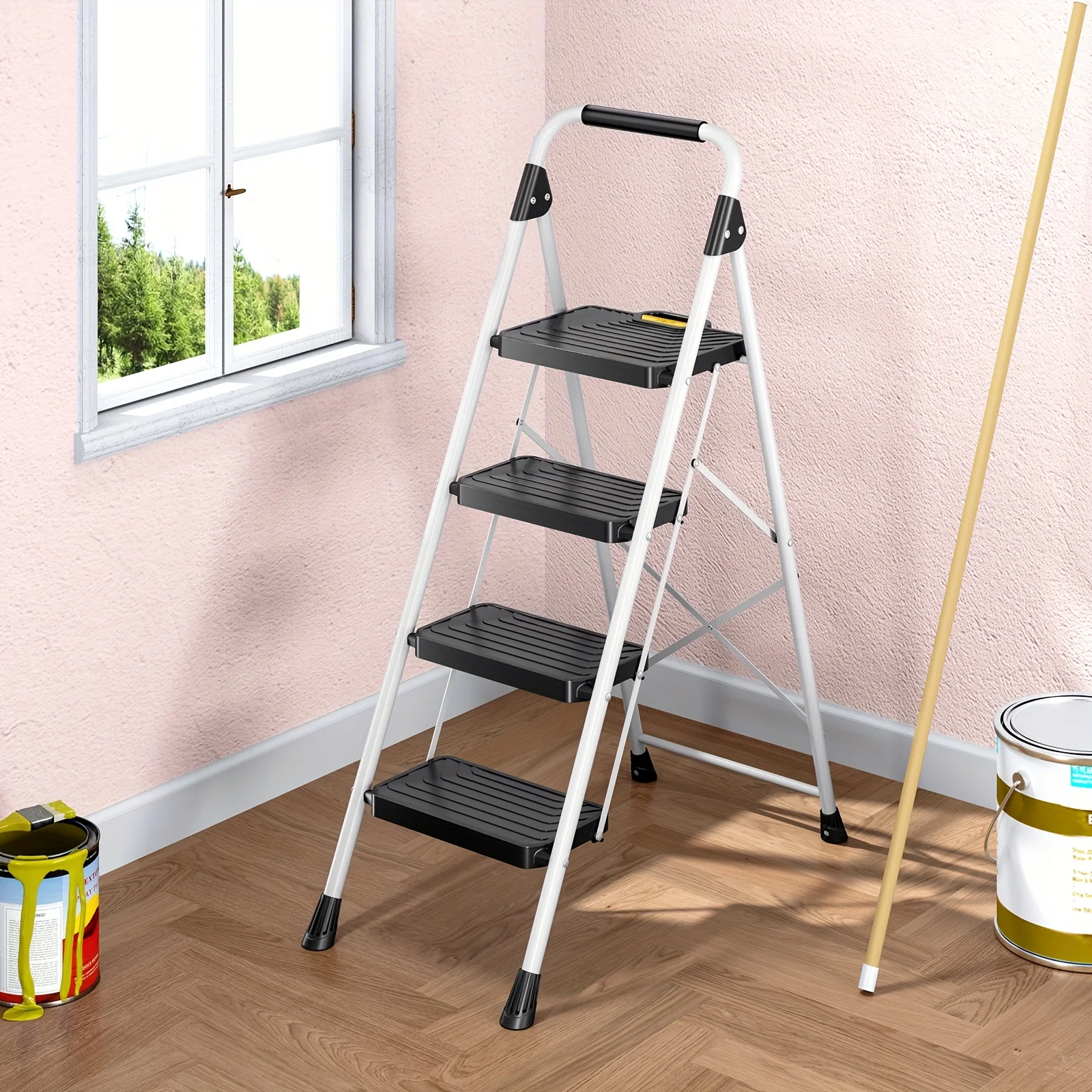 

TOOLF Collapsible 2/3/4 Step Ladder Featuring a Handrail, Sturdy Steel Construction, Broad Non-Slip Steps, Secure Locking Mechanism, Convenient for Home And Kitchen Use, Supports Up to 800Lbs, White Color