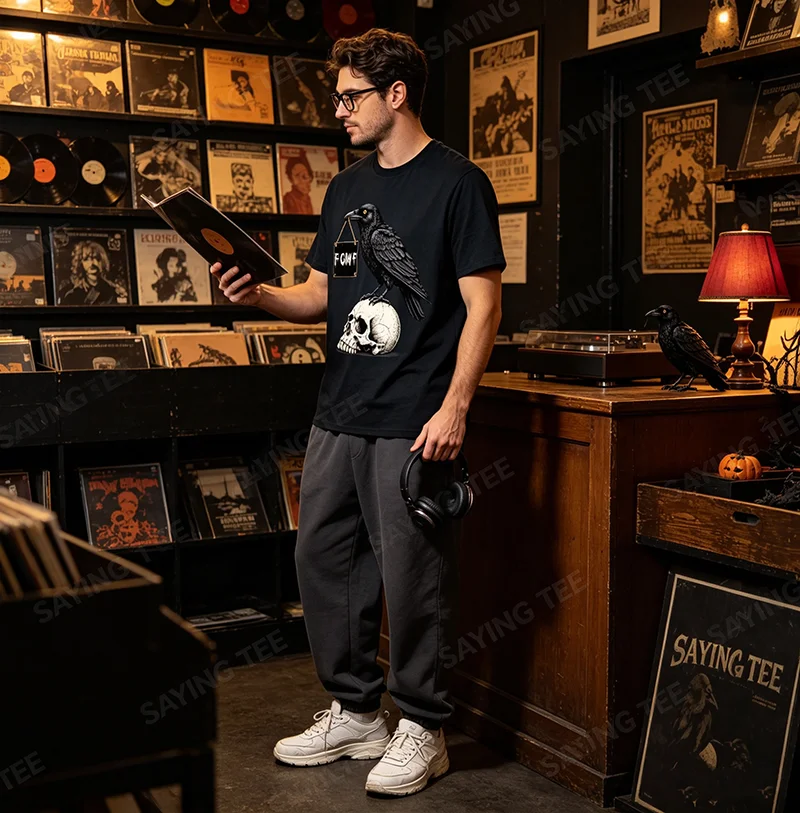 F-CAW-F Lustiges Rabenschädel-Halloween-Gothic-Grafik-T-Shirt Y2k Gruseliges Kunstwerk Damen Herren Kleidung Baumwolle Horror-Fans Neuheit Geschenk – Detail 4