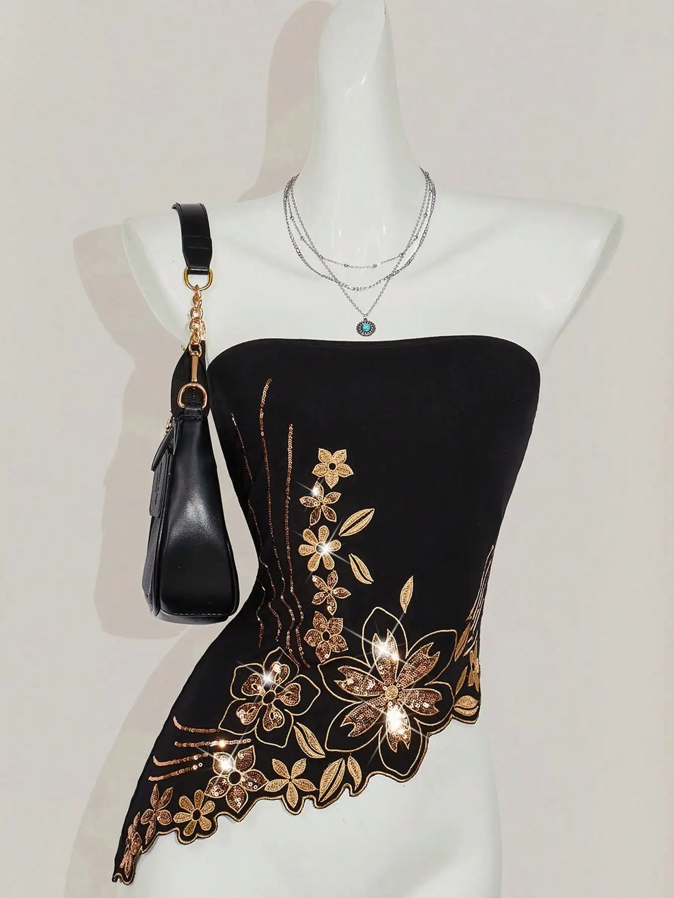 

Black Y2K Asymmetric Bandeau Top with Gold Floral Sequin Embroidery for Summer Night Out