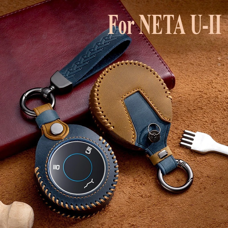 

Handmade Genuine Leather Car Fob Key Case Holder Cover Smart Remote Protector Shell Bag KeyChain For NETA U-II U2 U