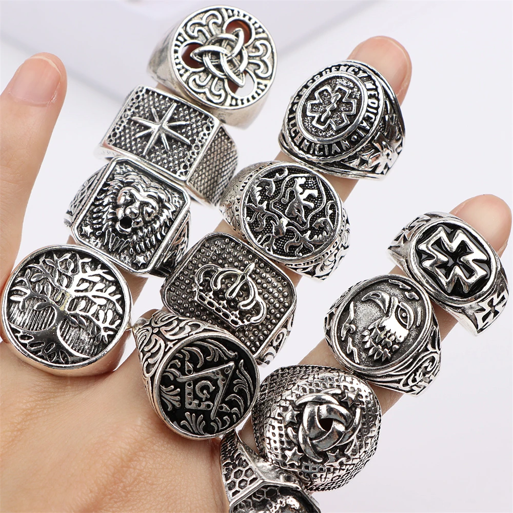 10Pcs/Lot Fashion Punk Vintage Metal Rings For Men Women Unique Skull Skeleton Gothic Geometry Mixed Style Jewelry Party Gifts