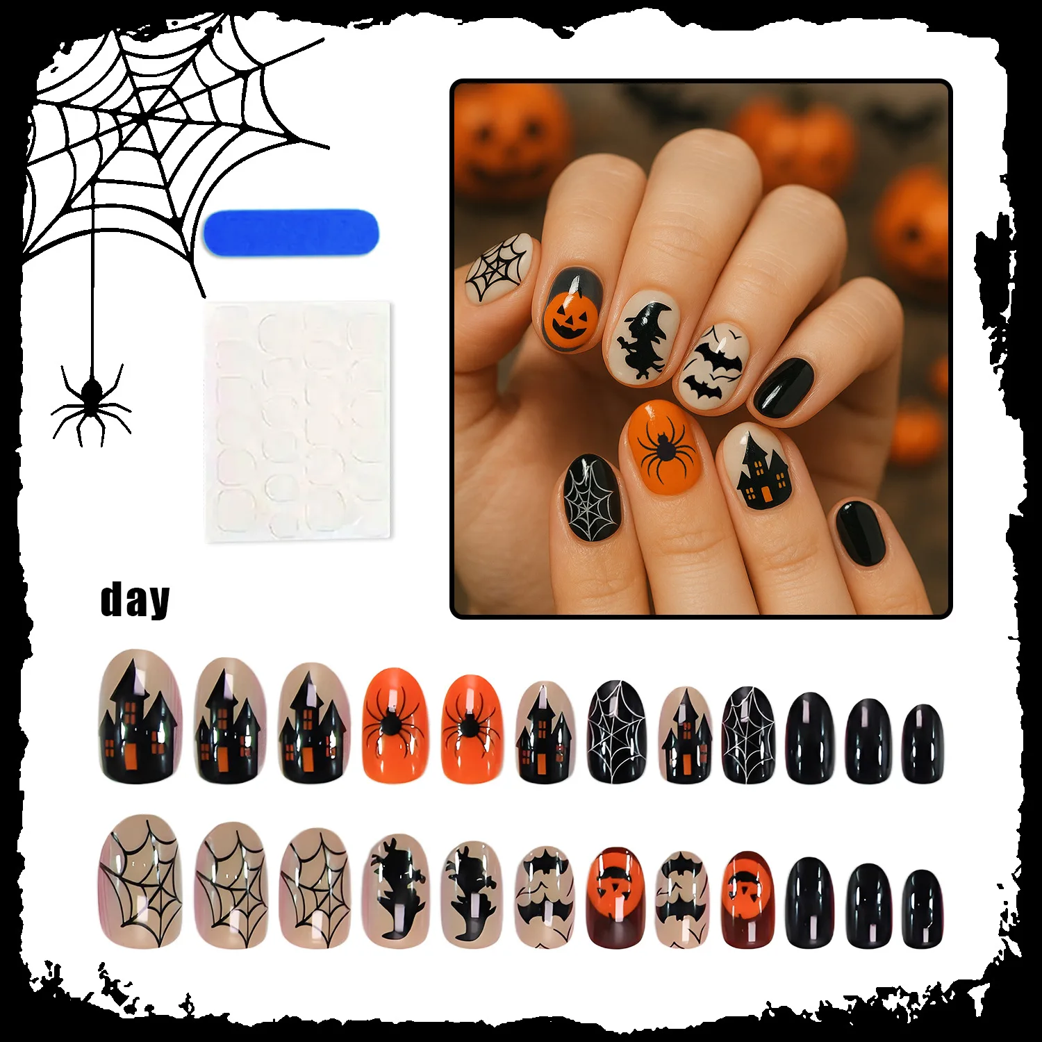 

24Pcs Halloween Press on Nails Glow-in-the-Dark Spider Full Coverage Nail Tips for Women&Girl Removable Wearable False Nail