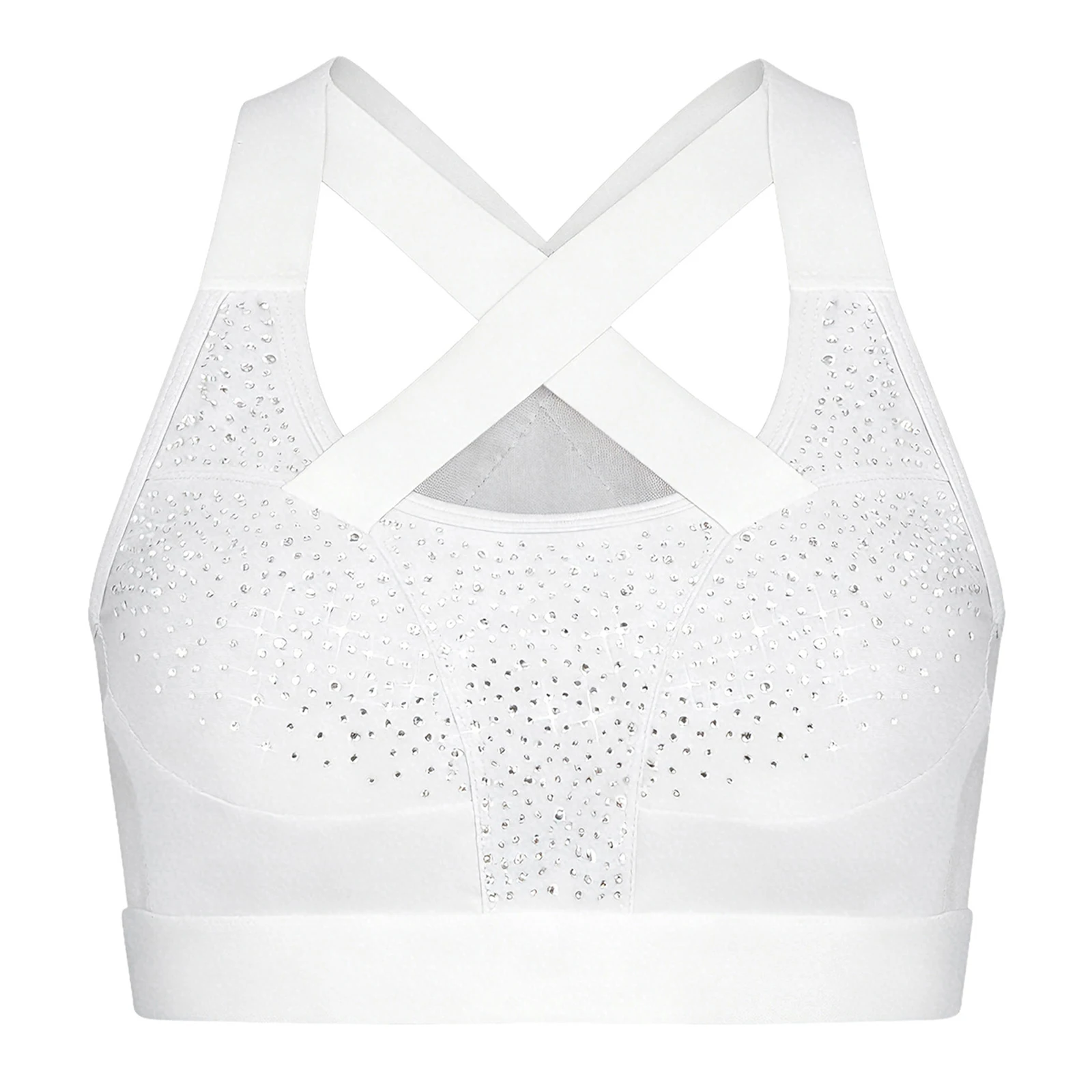 Yoga-Tops für Damen, Kreuz-Sport-BH, Fitnessstudio, Fitness, Workout-Tops, Sportbekleidung, ärmellos, glänzende Strasssteine, durchsichtiges Mesh-Rücken-Crop-Top