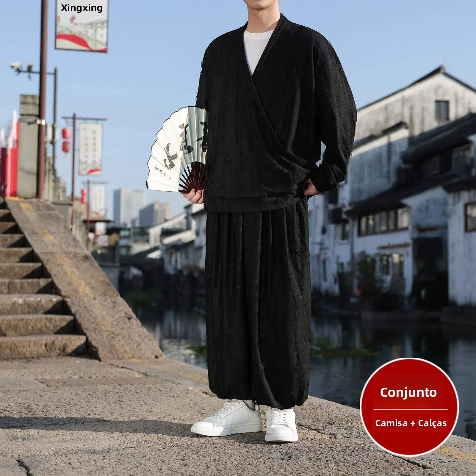 ice-silk-long-sleeve-t-shirt-men's-monastic-wear-set-v-neck-zen-hanfu-two-piece-set-casual-wear-polyester-fiber-spring-season