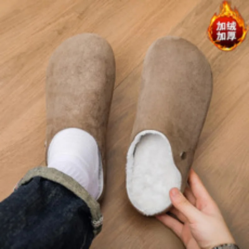 

Home Velvet Leather Boken Shoes Fashionable New Style Daily Retro Thick Soled Worn with Mules Toe Cover Flat Half Slippers