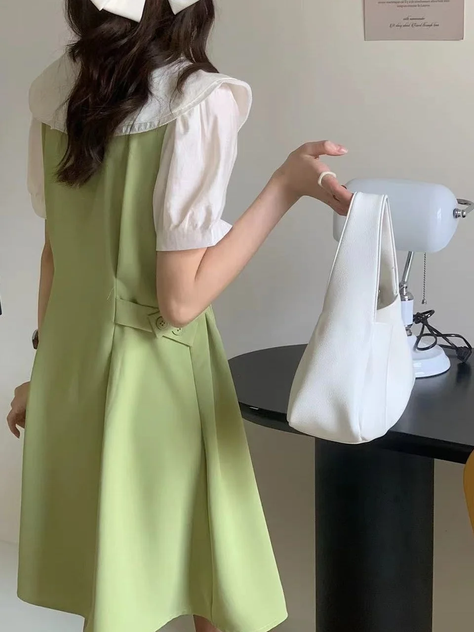 Colar de boneca de camada dupla falso de duas peças dr feminino dongda gate coreano sle commute ort sve cintura costurada verão dr