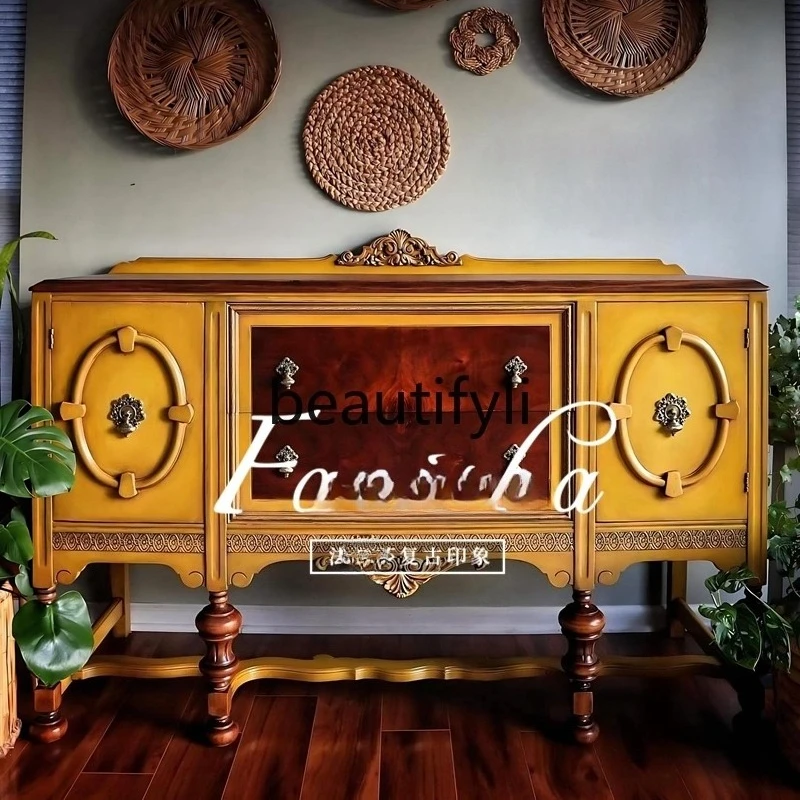 

French retro door cabinet American country solid wood carving flower living room decoration dining side wall cabinet