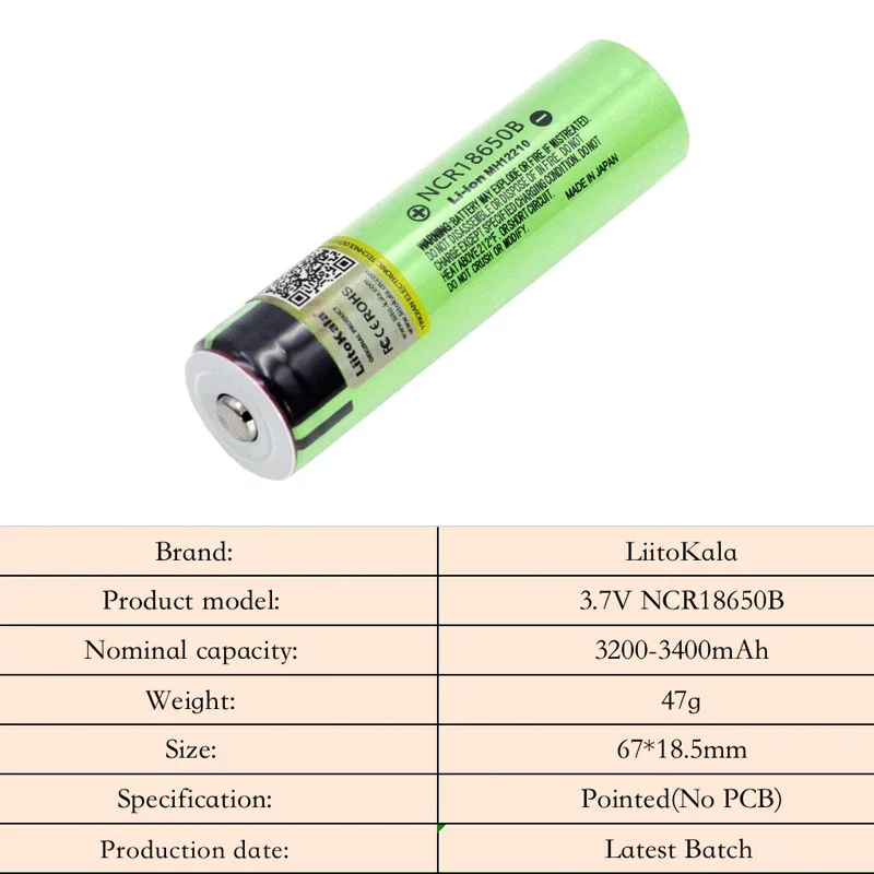 Liitokala NCR18650B 3.7v 3400mAh 18650 Lithium Rechargeable Battery with Pointed (No PCB) For Flashlight batteries