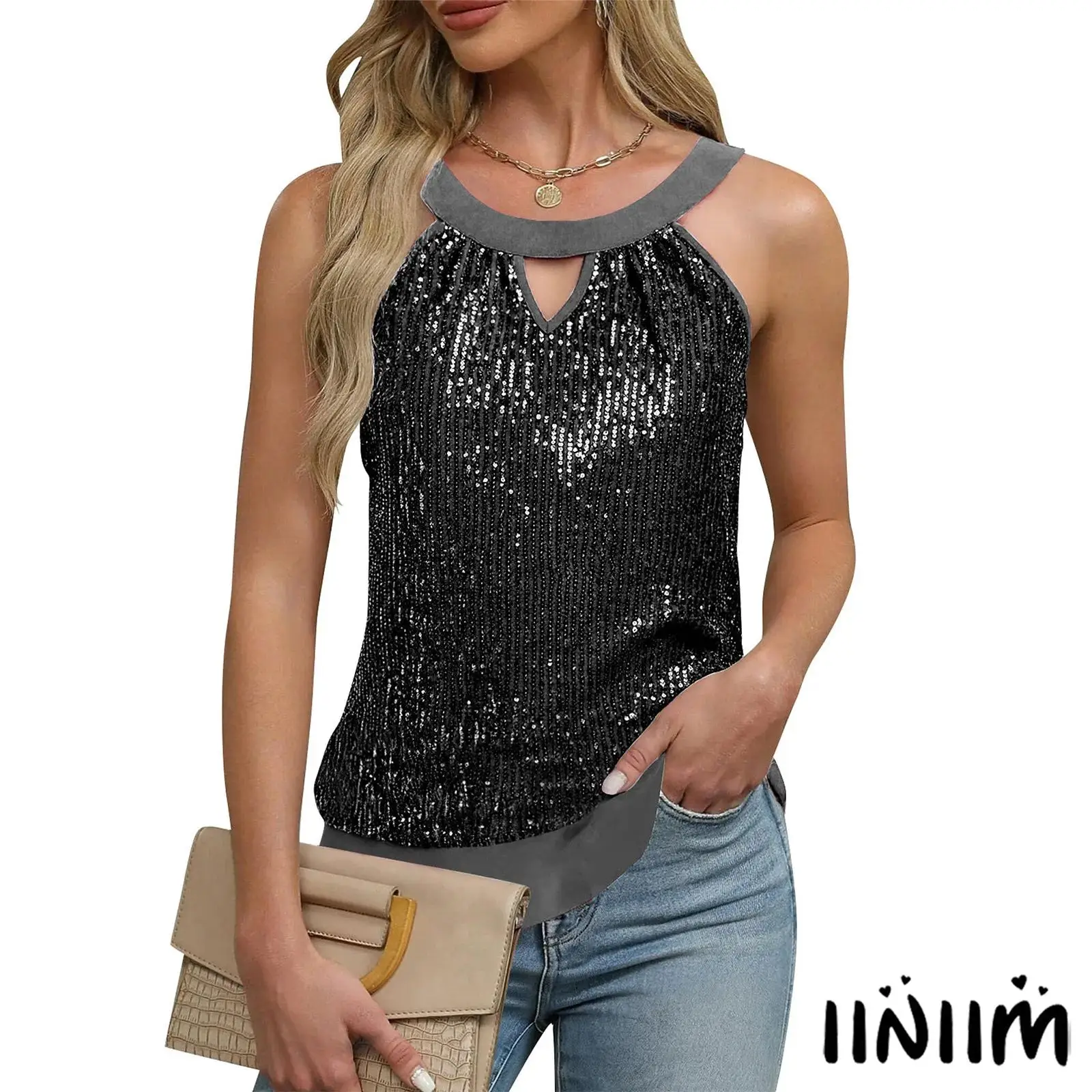

Женский блестящий топ с пайетками, вырезом на шее, без рукавов, с вырезами и завязками на спине, пуловер, майка, блузка для ночного клуба и вечеринок