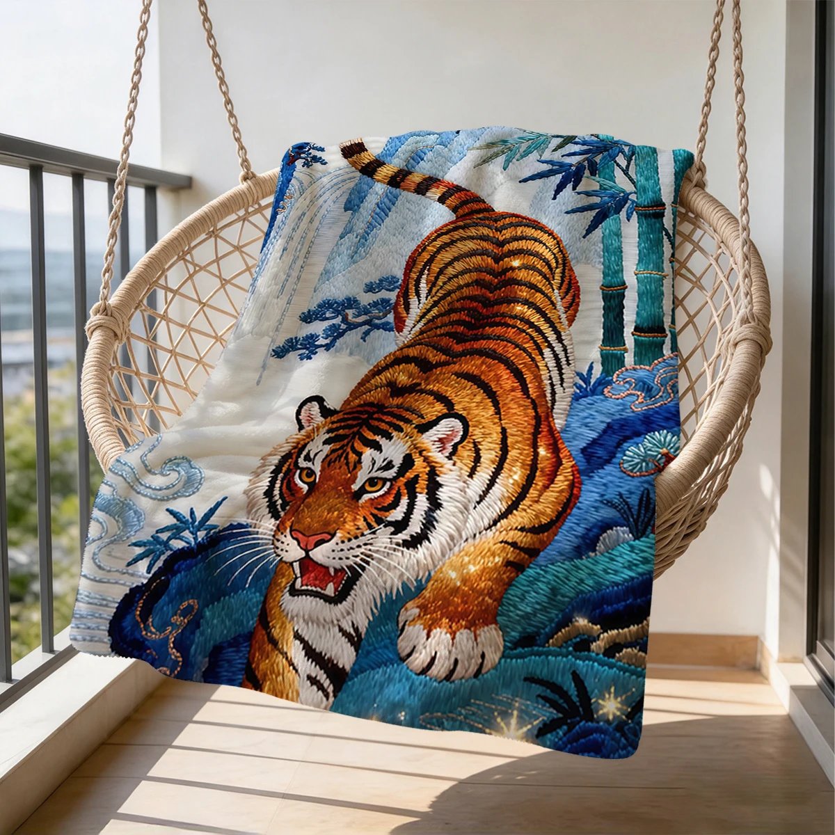 Embroidery Tiger Flannel Blanket Warm Soft Halloween Christmas Couch Warm Cozy Decorative Decor Gift for All Season