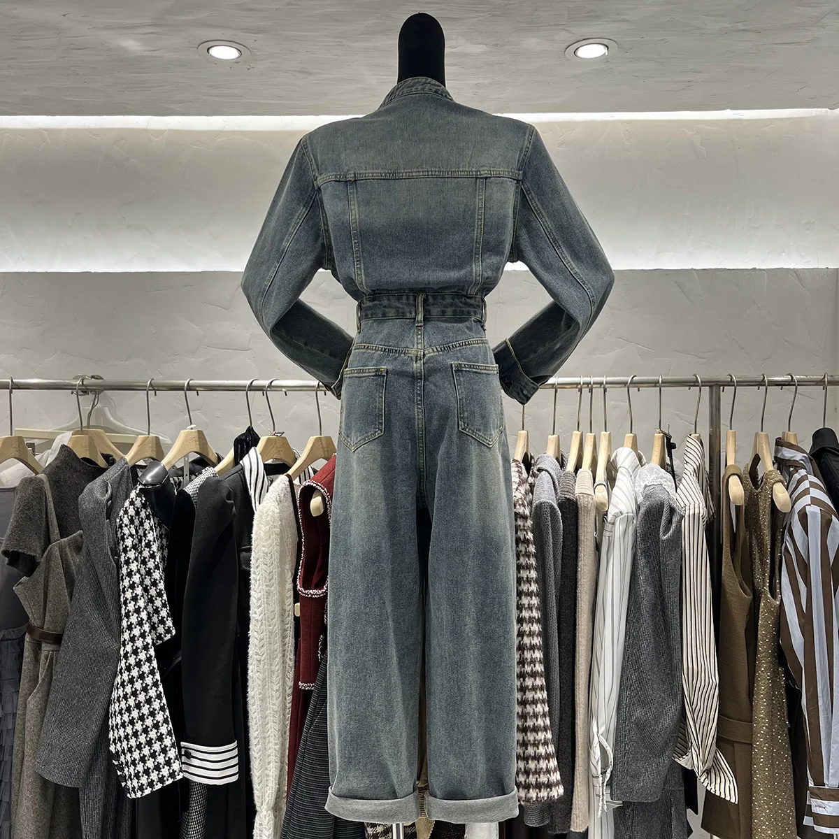 Novo ibcyx americano sle cintura alta emagrecimento denim macacão calças compridas v-ne retro ele faionable algodão workwear