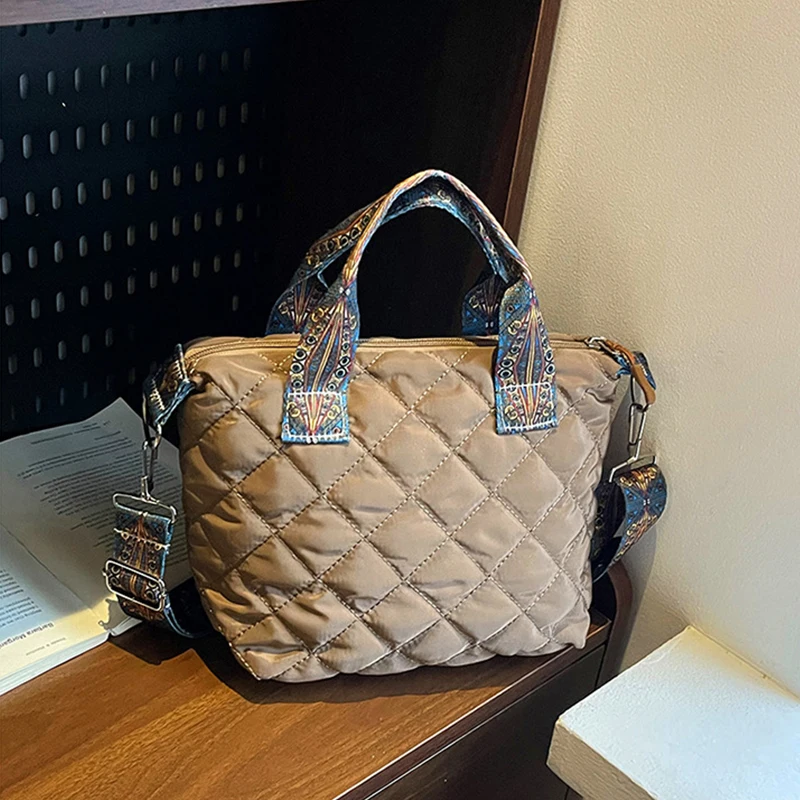 

Trendy Women's Quilted Puffer Tote Crossbody Handbag with Wide Shoulder Belt Cotton Padded down Bag
