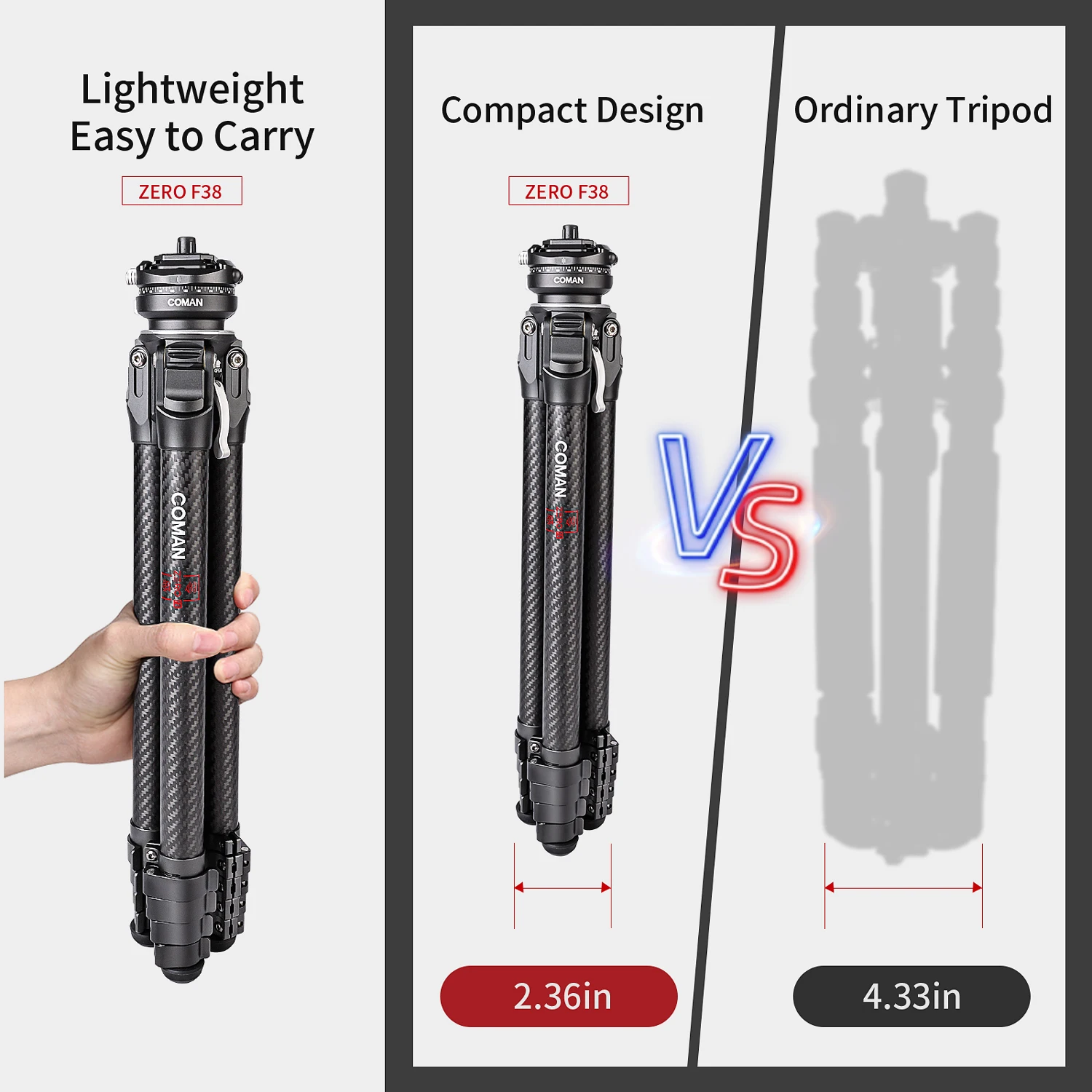حامل ثلاثي القوائم من ألياف الكربون المدمج COMAN Zero F38 خفيف الوزن للسفر مع لوحة إطلاق سريع F38 للتصوير الفوتوغرافي لكاميرا Dslr