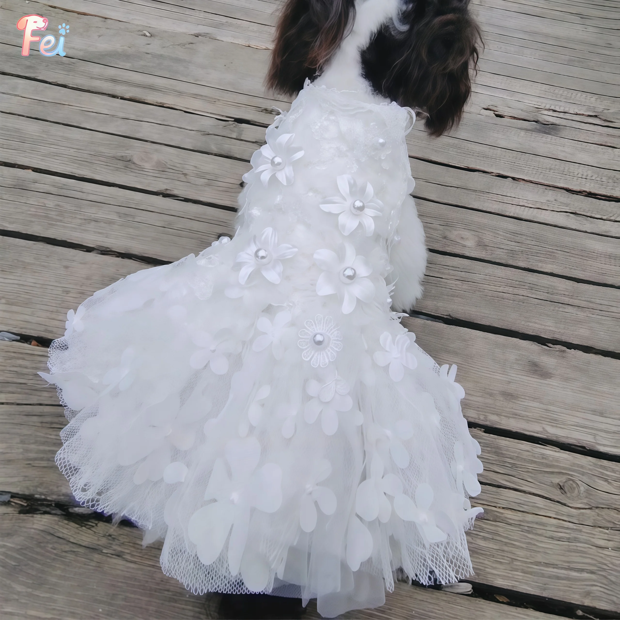 

2025 Handmade Pure White Princess Wedding Dress for Small to Medium Dogs Lace Flower Detail Poodle Puppy Fashion Pet Clothing