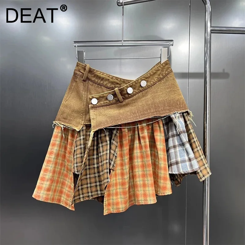 DEAT 2024 Summer New Denim Skirt Solid A-line High Waist For Women Asymmetrical Patchwork Plaid Design Mini Skirts 29L755907