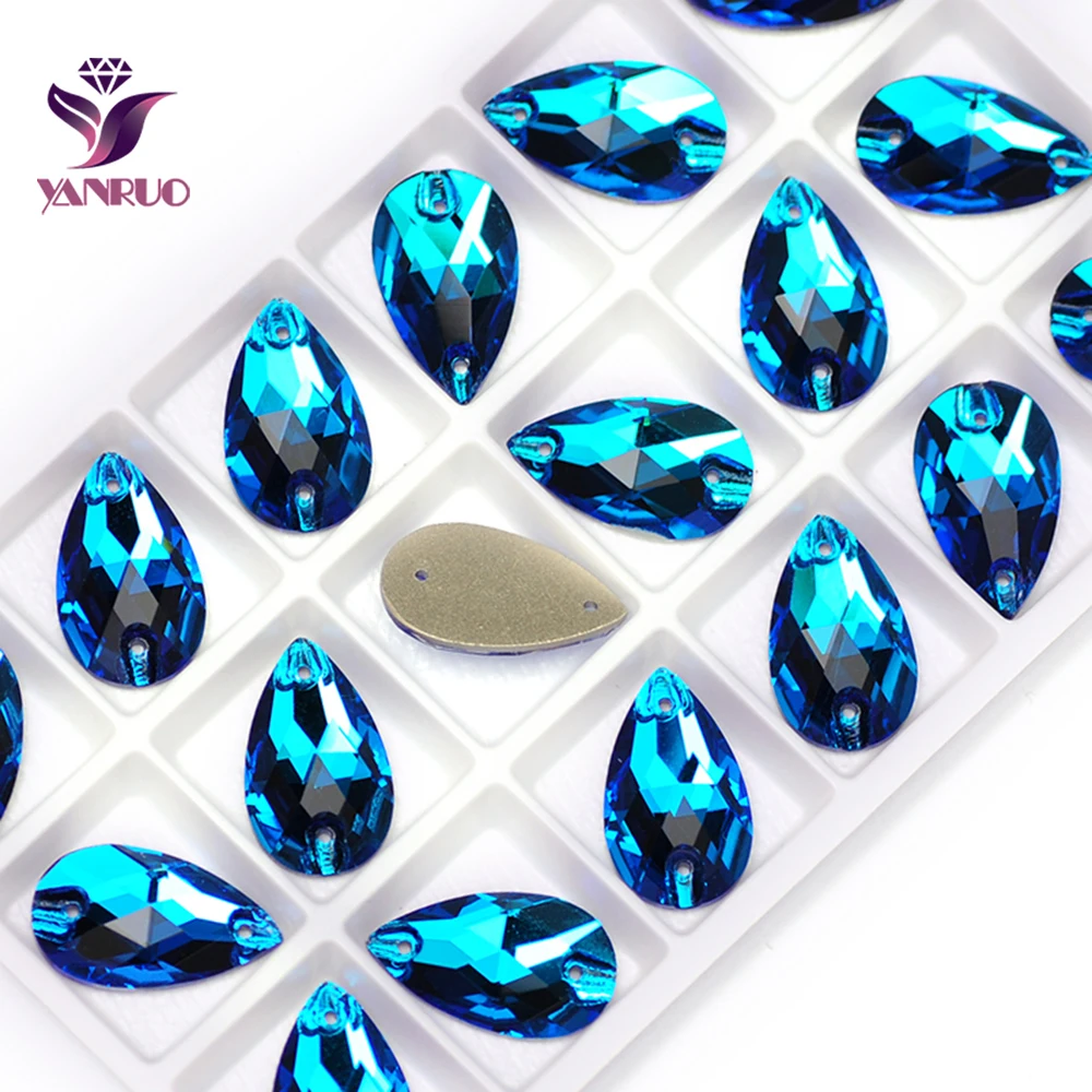 

YANRUO 3230 Drop Blue Zircon Strass Sew on Fabric Flatback Rinestones Cristal Sewing Crystals Glass Stone All for Embroidery