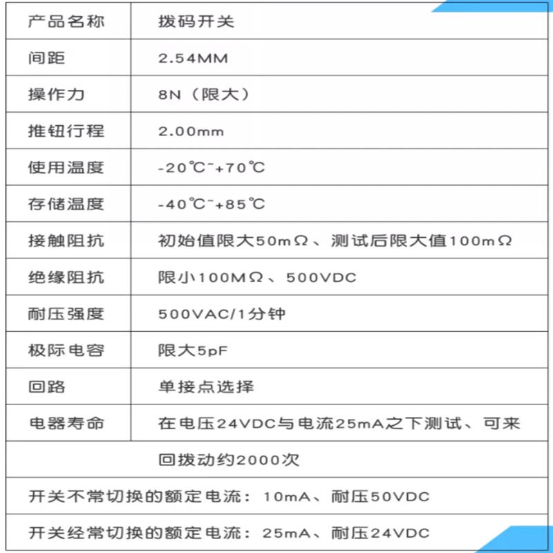 Laishengyuan電気製品フラットダイアルコードスイッチ、ディップスイッチ、DS-1、2、3、4、5、6、8、10ポジション、2.54mm