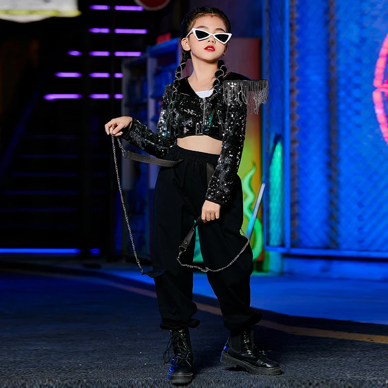 

Children Hip Hop Dance wear Street Dance Stage Costume Sequins Tassel Coat Loose Cargo Pants Girls Jazz Dance Outfit