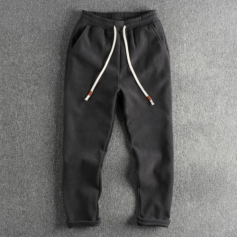 Retro Washed Fleece Lined Thickened Casual Sweatpants Men Loose Cone Knitted American Trend Youth Polyester Spandex Trousers