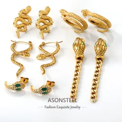 ASONSTEEL Trendy Unique Stainless Steel Snake Stud Earrings Cubic Zirconia Statement Golden Waterproof Charm Jewelry Women Gift
