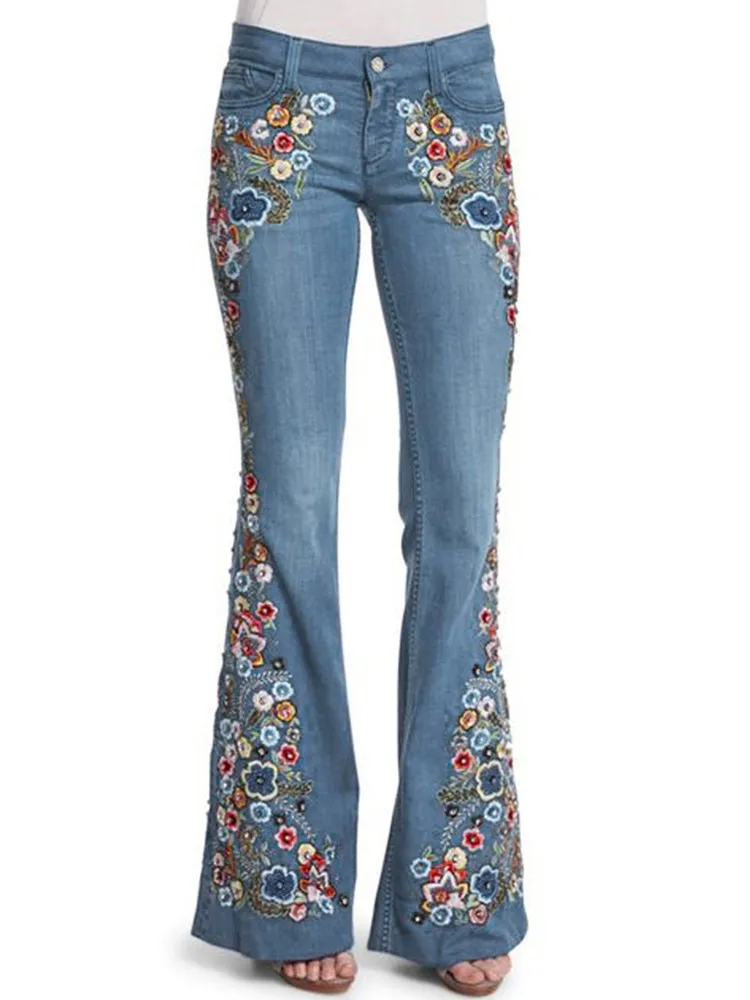 Plus Size Women\'s Jeans Vintage Flower Embroidery Slim Flared Jeans Trousers Fashion High Waist Versatile Casual Denim Pants