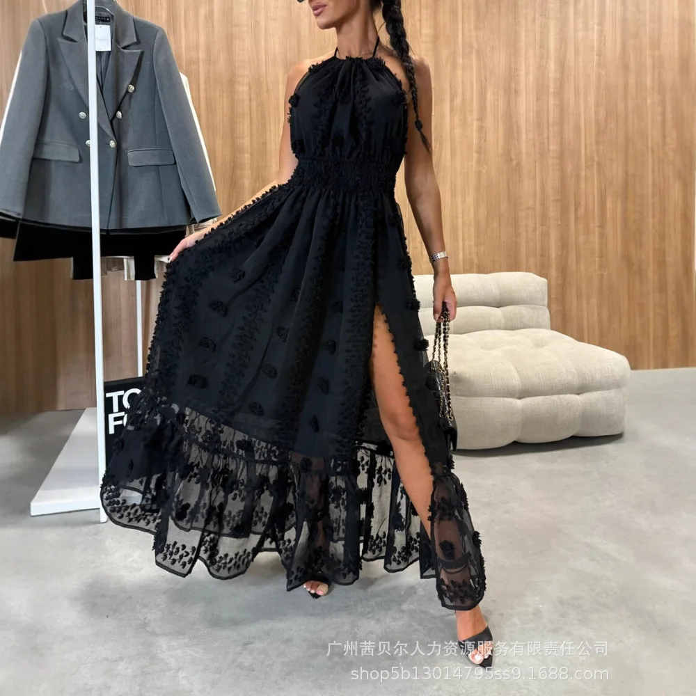 ハイウエストホルターネック3Dフラワーメッシュスリット入りイブニングドレス、バックレスシャーリングラッフルヘム、ダブルレイヤーマキシドレス（レディース）