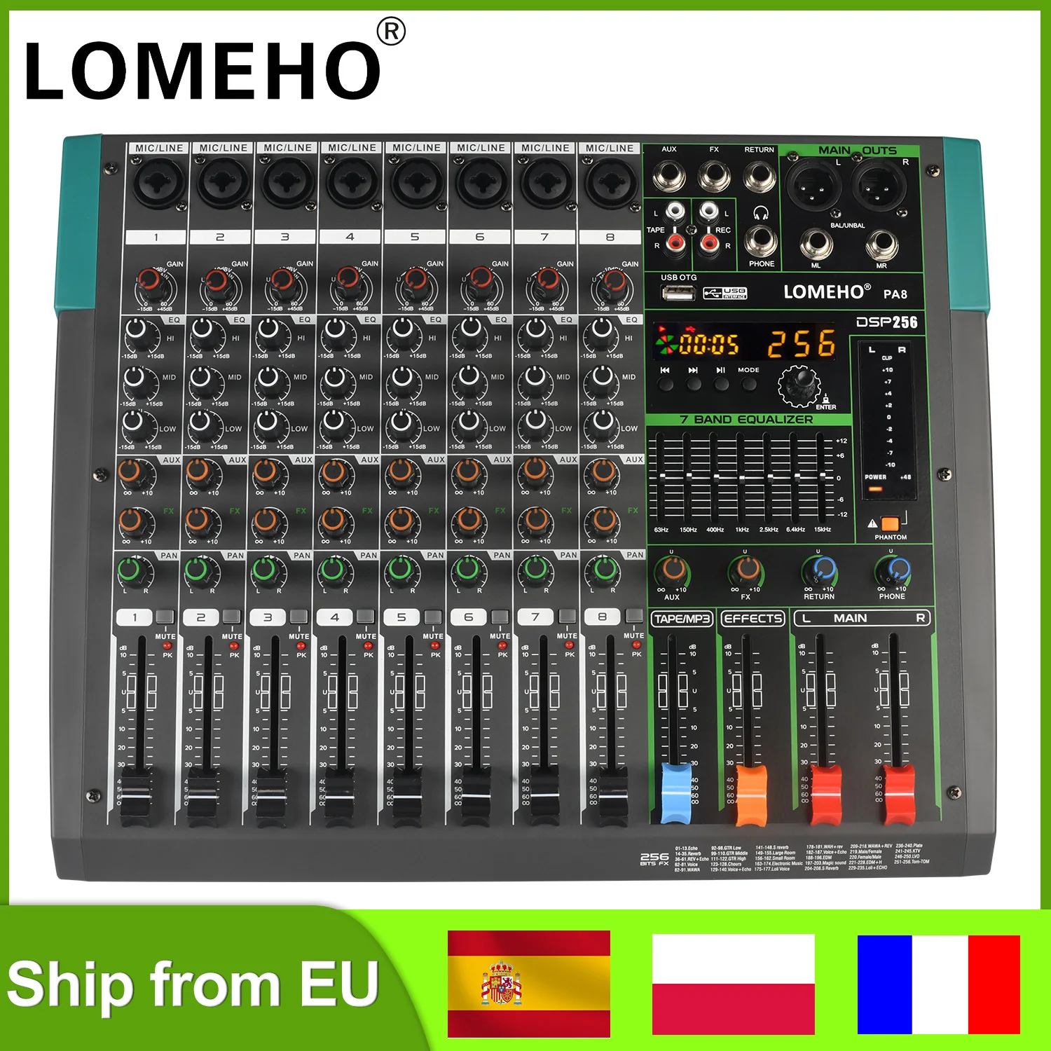 LOMEHO 256 Effects Mixing Console 8 Channels Sound Table 7 Band EQ Bluetooth Audio Mixer 48V USB Play Record DJ Controller PA8