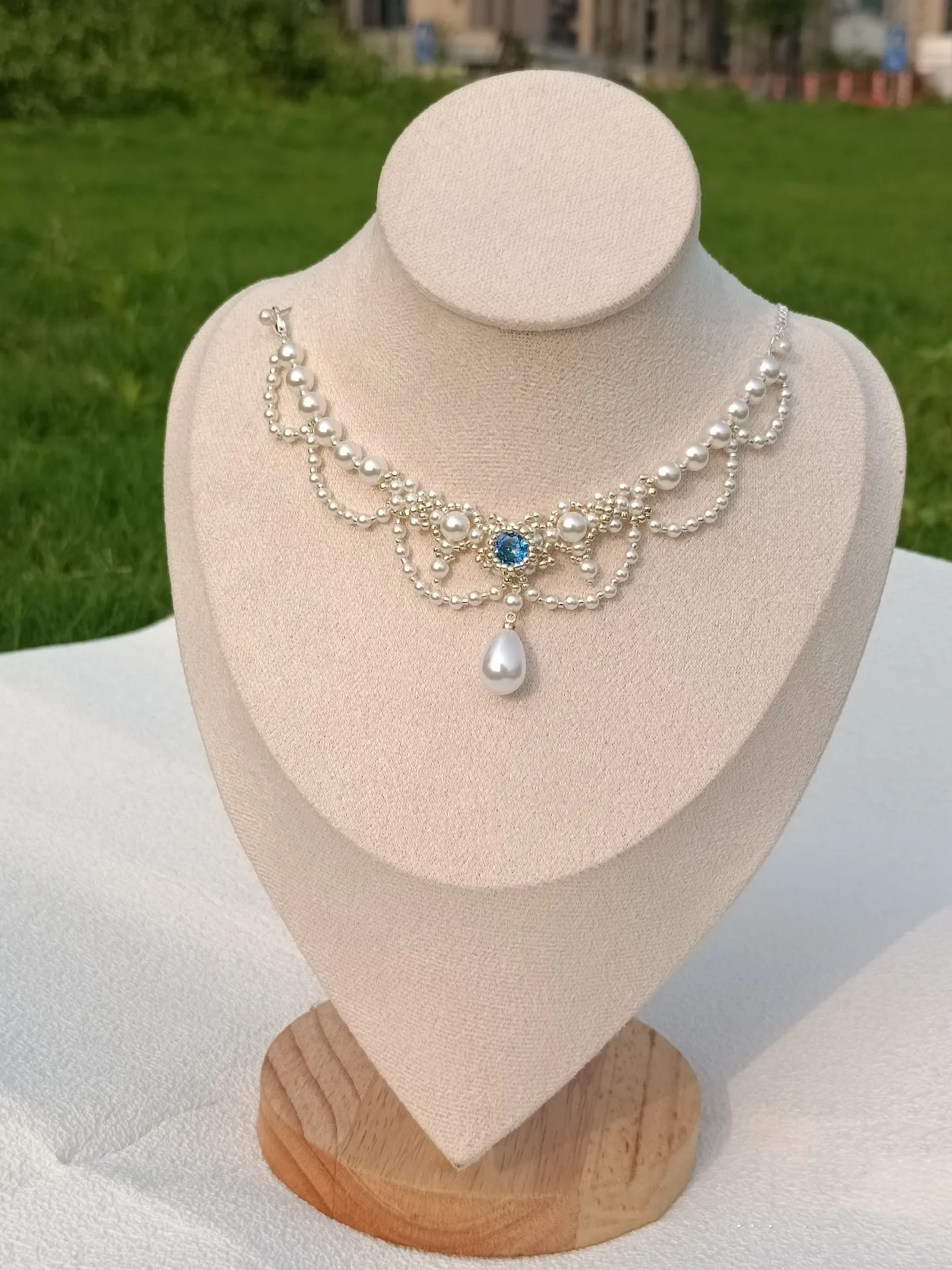 

Women's blue zircon pearl necklace, custom crystal jewelry free shipping