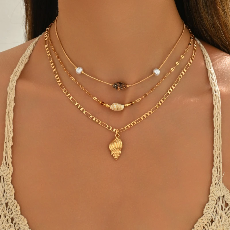3 Pieces/set Bohemian Personalized Imitation Shell Pendant Necklace, Women's Retro Trend Vacation Style Holiday Accessory Gift