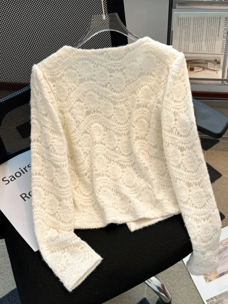 Sweet Lace irt Dames Lange Sve V-ne Fce Gevoerd Herfst Winter Warm Basislaag Ontwerp Unieke Top Jeugdige Sle
