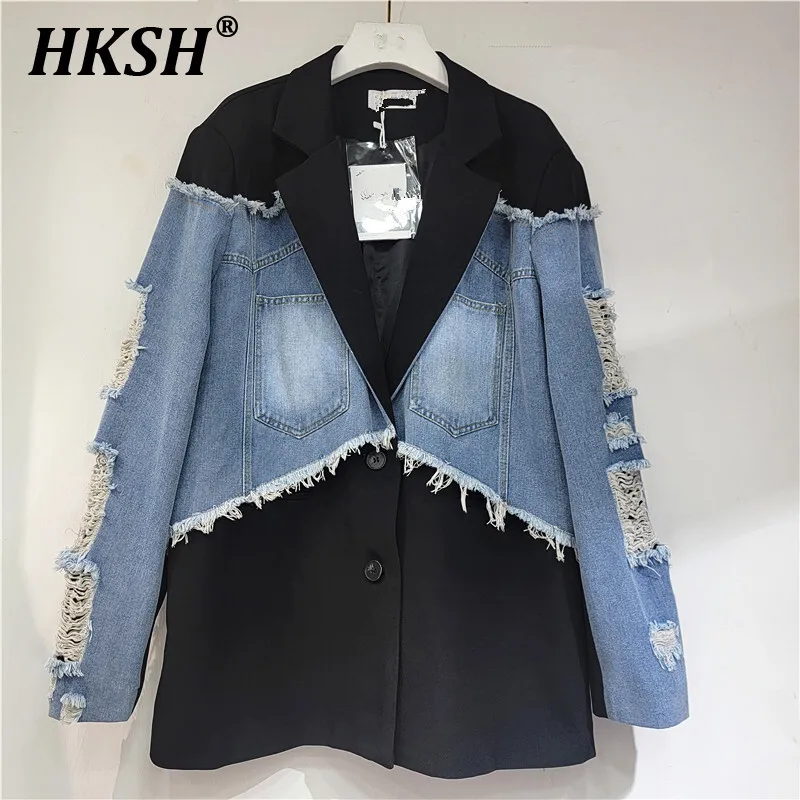 HKSH 2024 Autumn Spring New Women's Tide American Contrasting Color Patchwork Blazer Niche Design High Sense Denim Jacket H2804