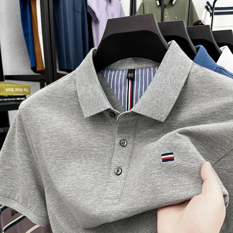 2025 Summer High Quality Silk Cotton Business Collar Short Sleeve Polo Shirt Men's Solid Color Embroidered T-shirt