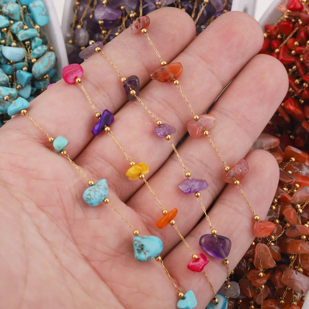 1M Stainless Steel Irregular Natural Stone Clip Beads Chains Turquoise Gemstone DIY Jewelry Bracelets Necklace Making Findings