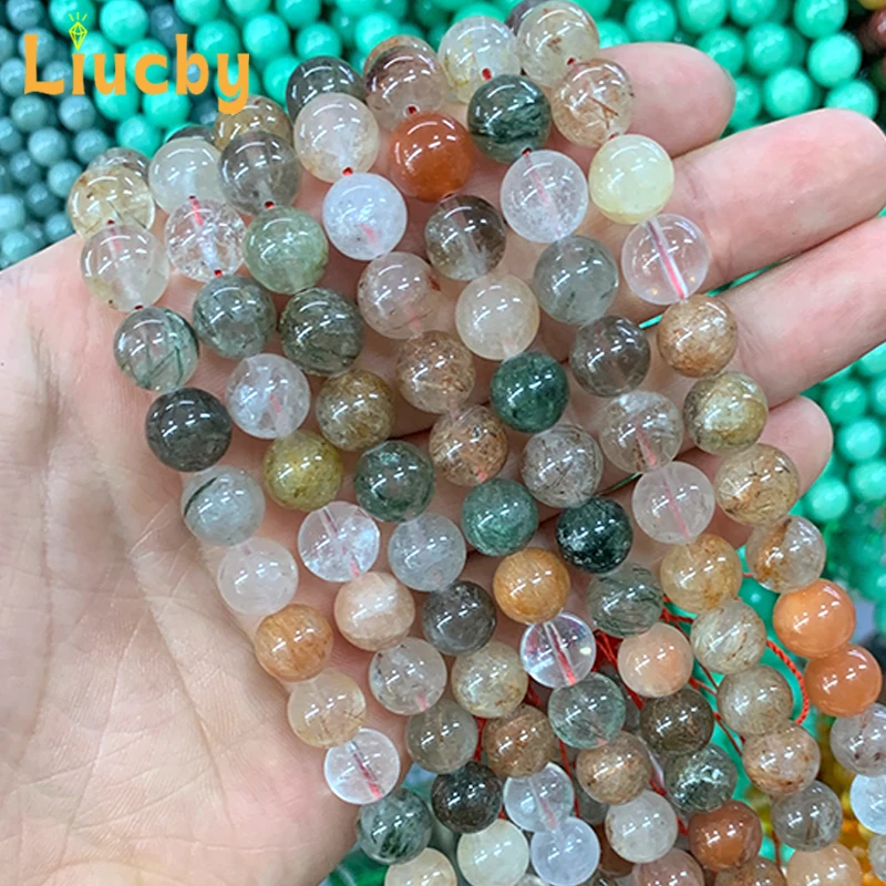 Jewelry Making DIY Natural Stone Mixed color Rutilated Quartz Handmade Round Bead Rings For exquisite Necklace 15\