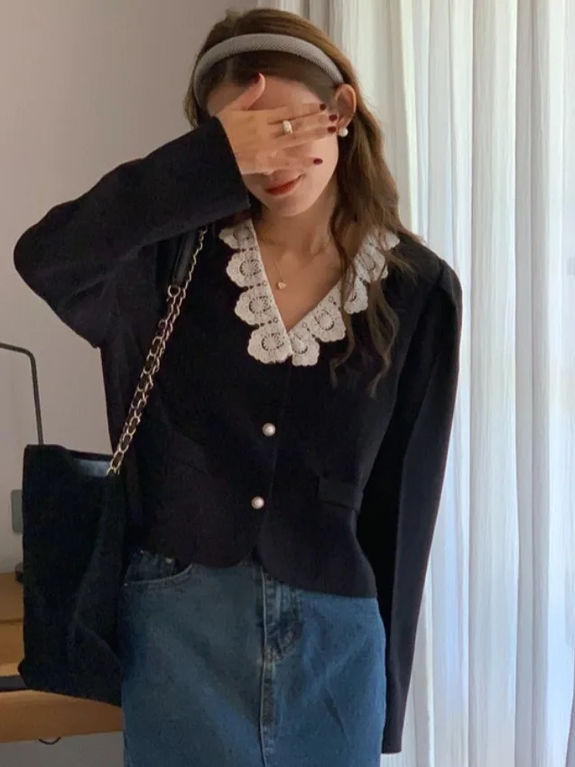 

Chic Summer Casual Simple~ Lace Collar Patchwork Loose ort Suit Jaet Top Women's Faion Spring Long Sve