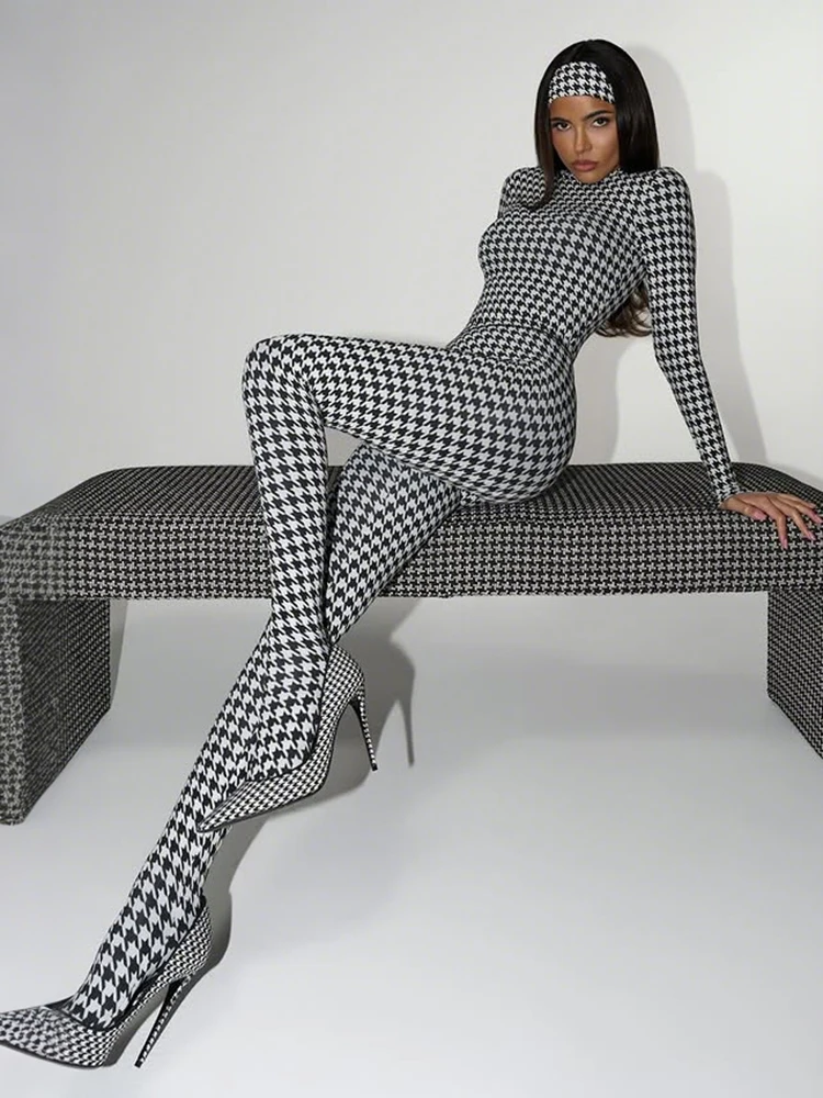 Combinaison de pied Sexy pour femmes, imprimé serpent, tendance d'automne, col rond, manches longues, extensible, Slim, Clubwear de rue, fermeture éclair, salopette Slim